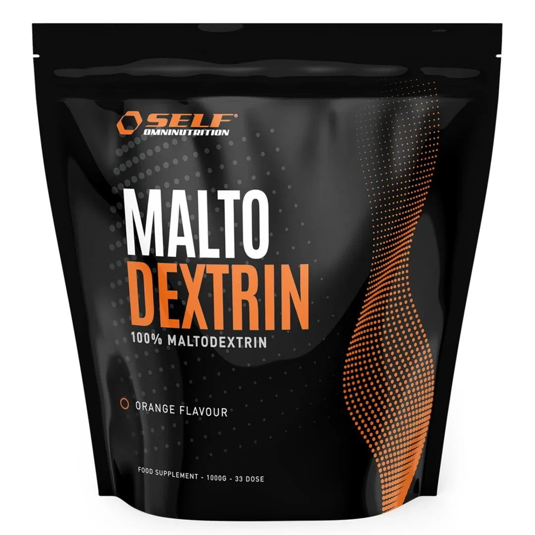 Self Omninutrition Maltodextrin 1 kg kolhydratspulver i en svart påse med orangea detaljer.