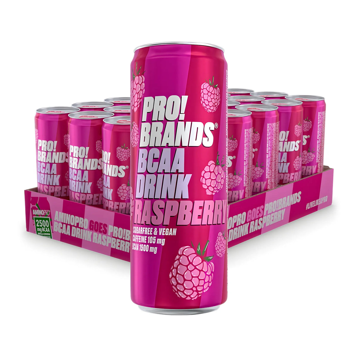 24 x Pro Brands BCAA Drink 330 ml Raspberry i ett lilarosa flak med matchande burkar för en uppfriskande hallonsmak., bild 1 av 1