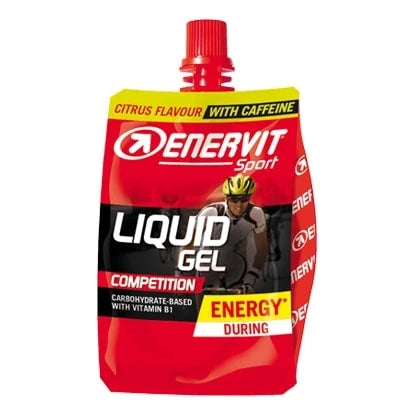 Enervit Liquid Gel Competition 60 ml energigel i en röd förpackning med gula detaljer och citrussmak.