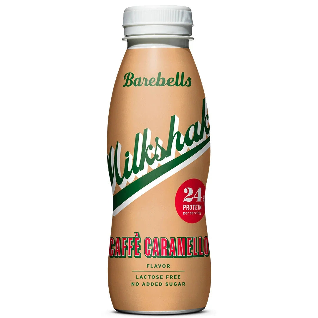 Barebells Milkshake 330 ml proteindryck i en ljusbrun flaska med gröna och röda detaljer för smaken Caffé Caramello., bild 5 av 9