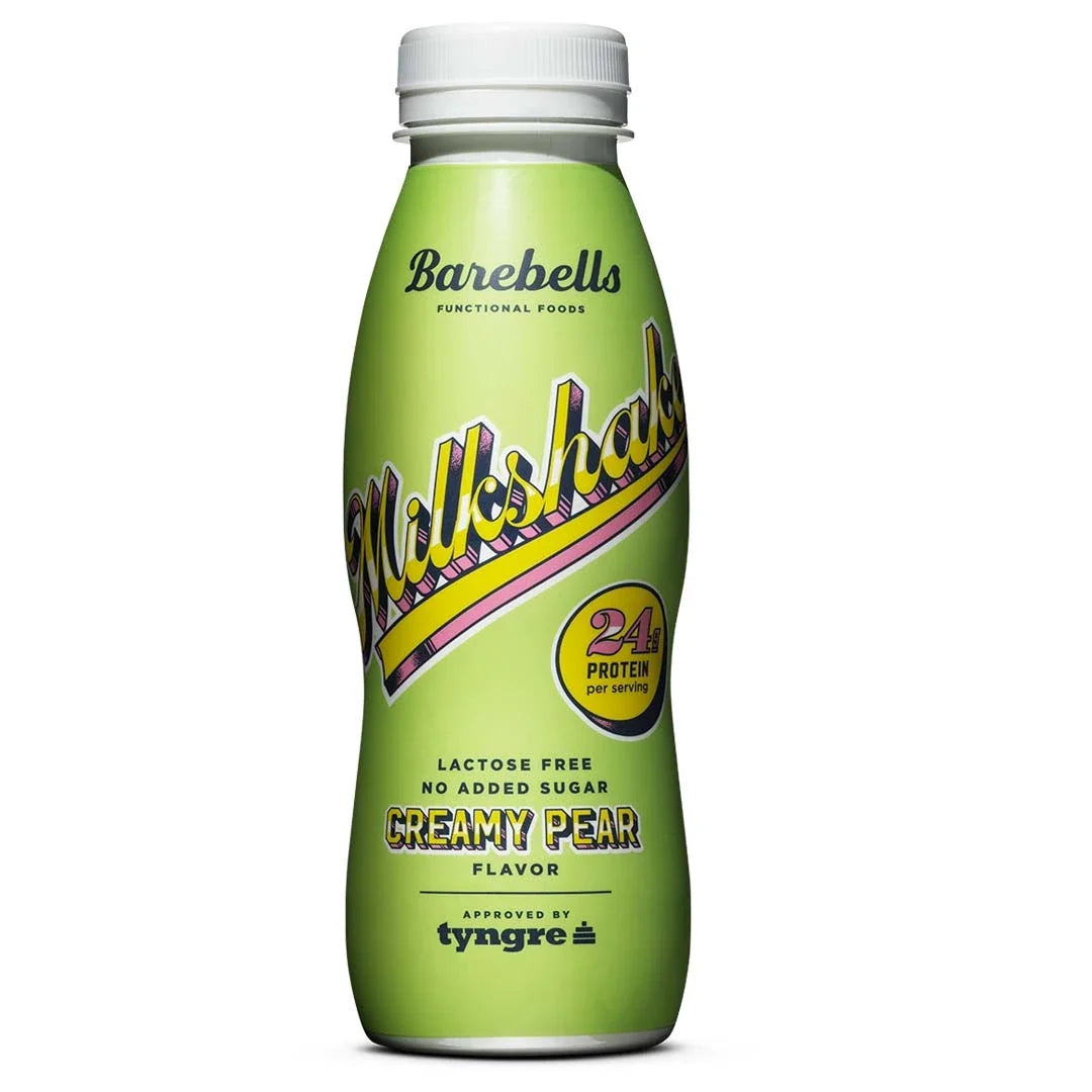 Barebells Milkshake 330 ml proteindryck i en ljusgrön flaska med rosa detaljer för smaken Creamy Pear., bild 8 av 9