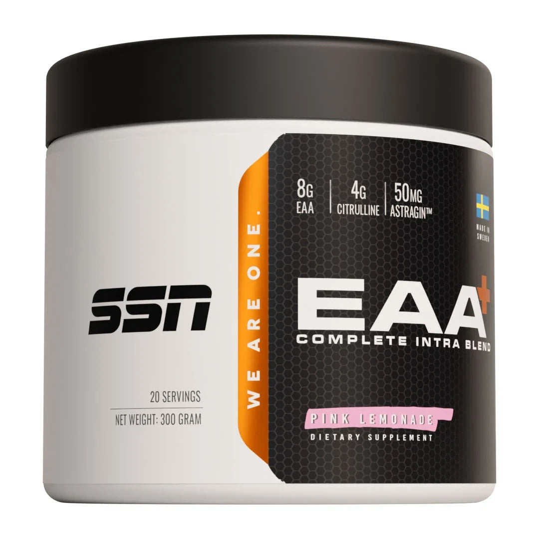 SSN EAA+ 300 g aminosyror i en vit och svart burk med orangea detaljer för smaken Pink Lemonade., bild 3 av 4