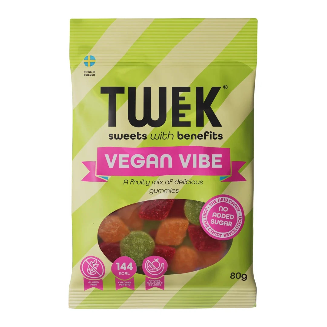 Tweek Sweets 80 g Vegan Vibe gelégodis i en ljusgrön påse med fönster som visar de färgglada bitarna.