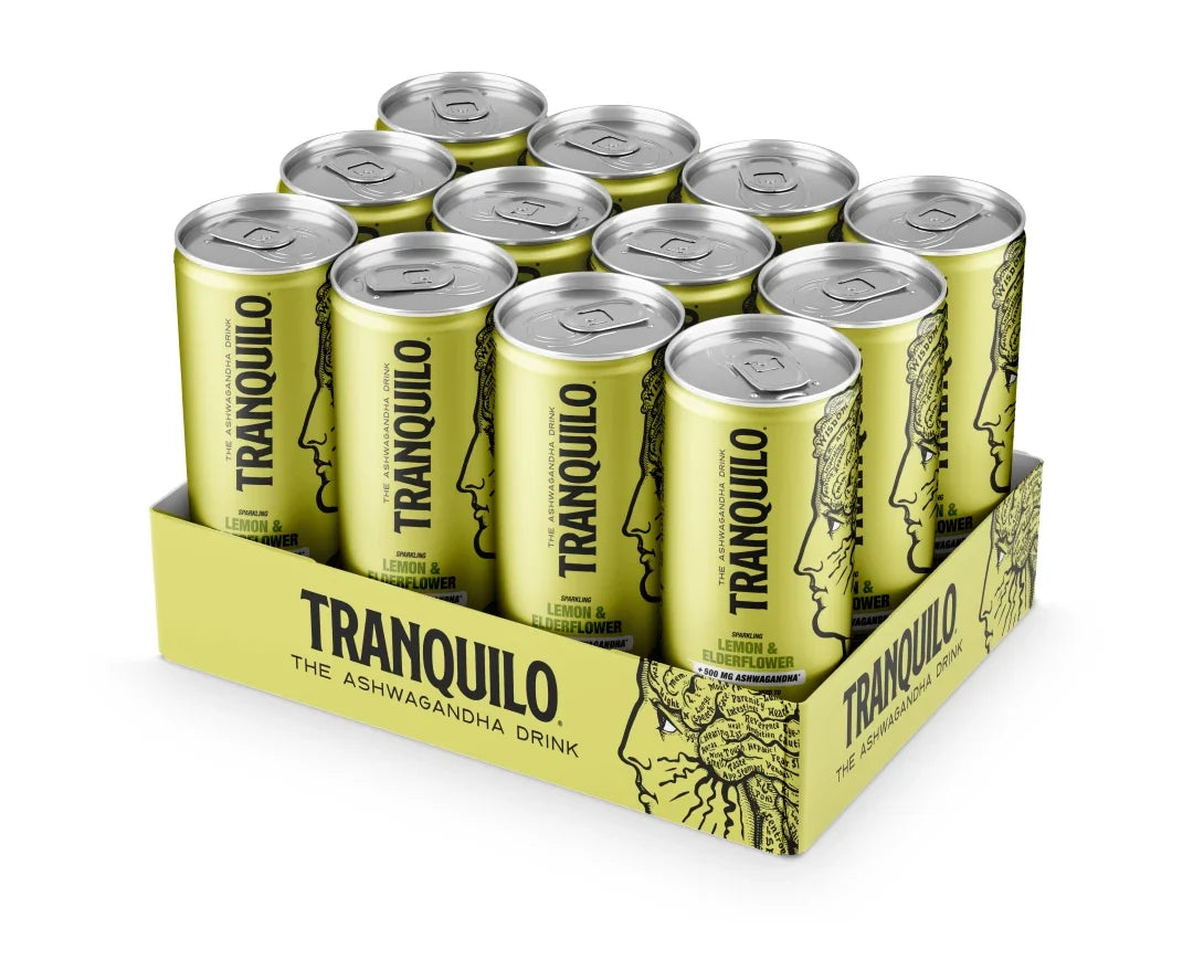 12 x Tranquilo 330 ml Citron/Fläder i ett gult flak med matchande gula burkar och ansiktsillustrationer.