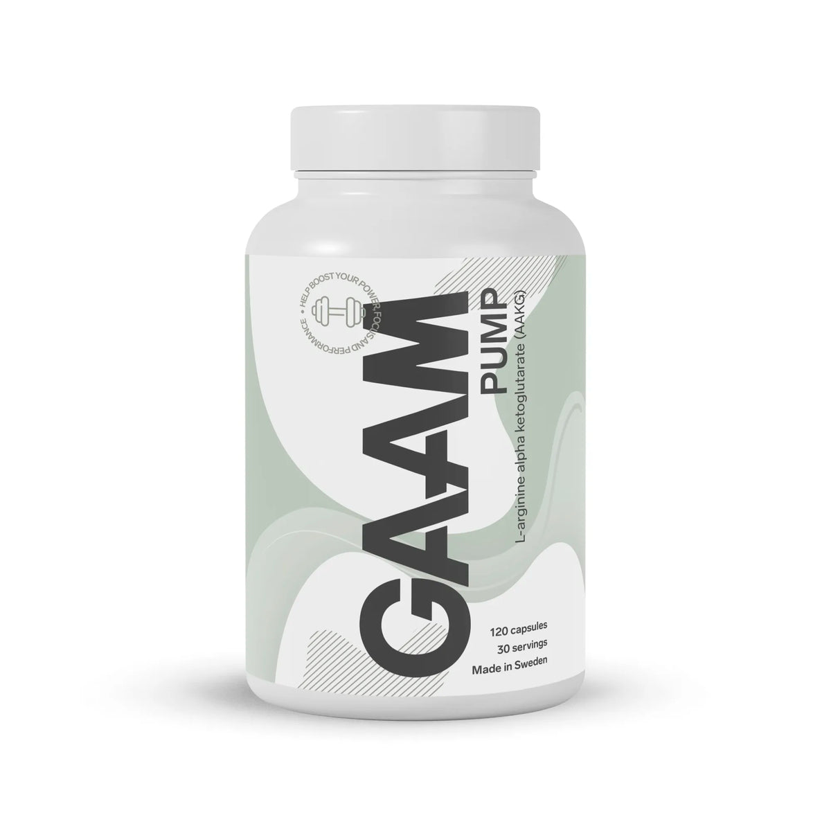 GAAM PUMP 120 caps, koffeinfritt kosttillskott med AAKG i en vit burk med grågröna detaljer., bild 1 av 1