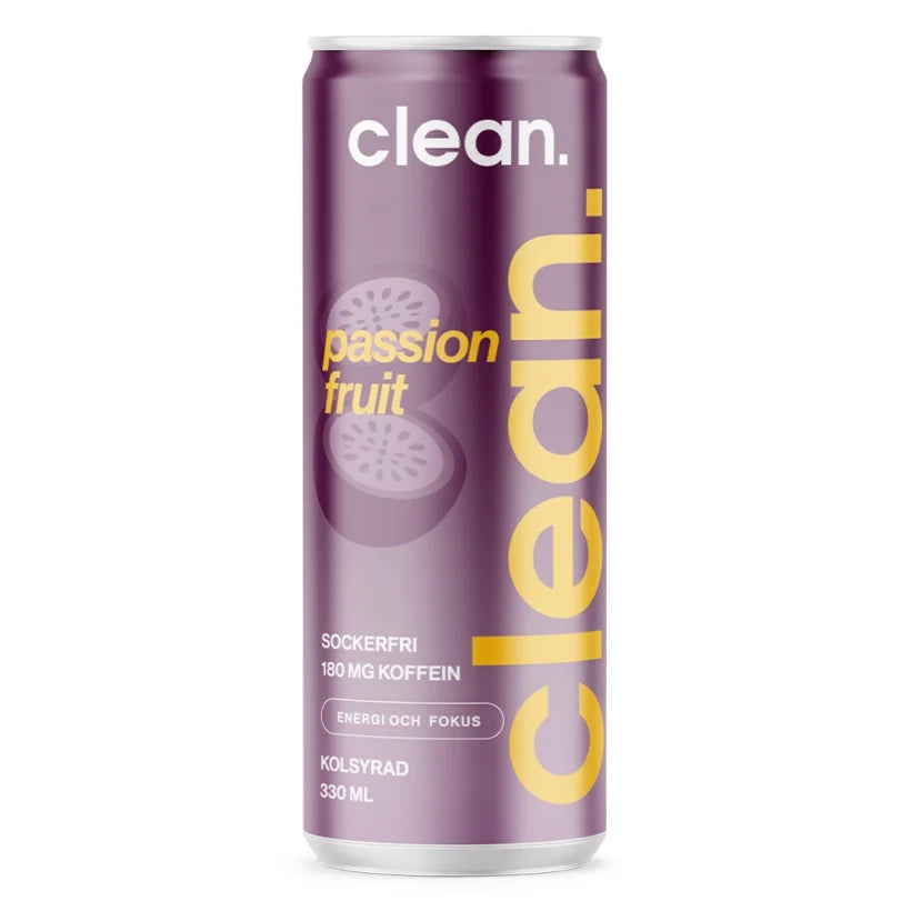 Clean Drink 330 ml energidryck i en lila burk med gula detaljer för smaken Passion., bild 2 av 4