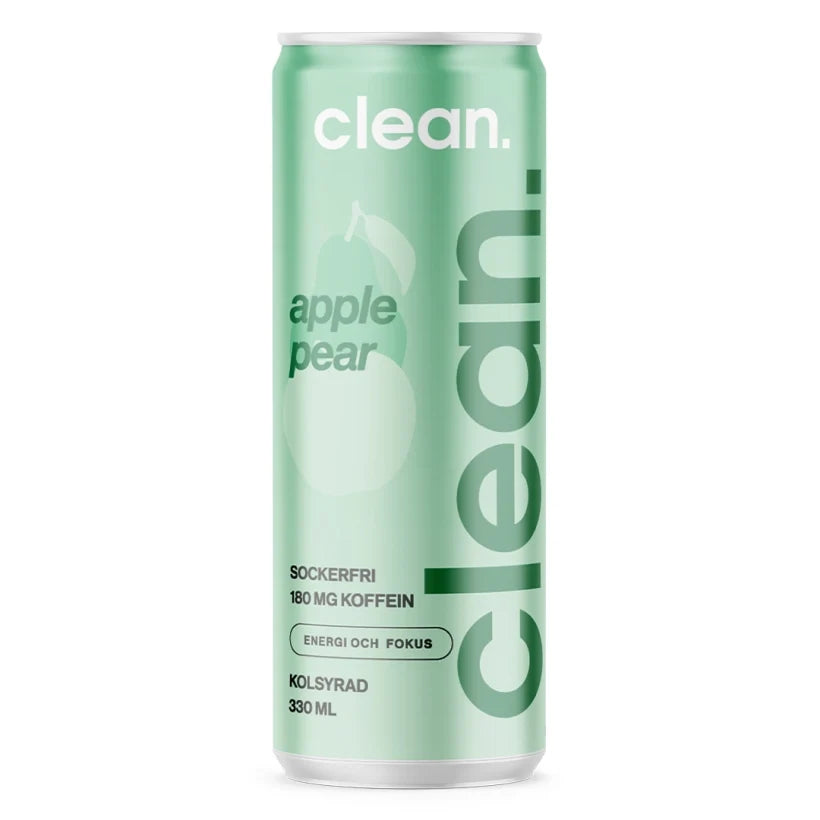 Clean Drink 330 ml energidryck i en ljusgrön burk med smaken Päron Äpple.