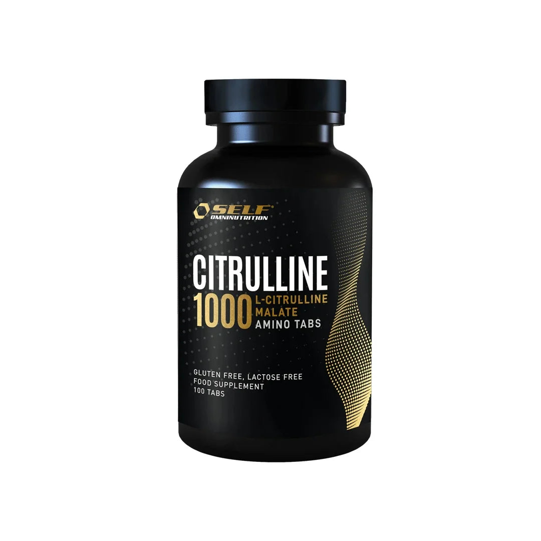 Self Omninutrition Citrulline 1000 100 tabs kosttillskott i en svart burk med guldiga detaljer., bild 1 av 1