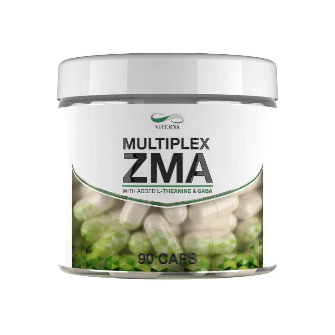 Viterna Multiplex ZMA 90 caps kosttillskott i en genomskinlig burk med vitt lock och grönvita kapslar inuti., bild 1 av 1