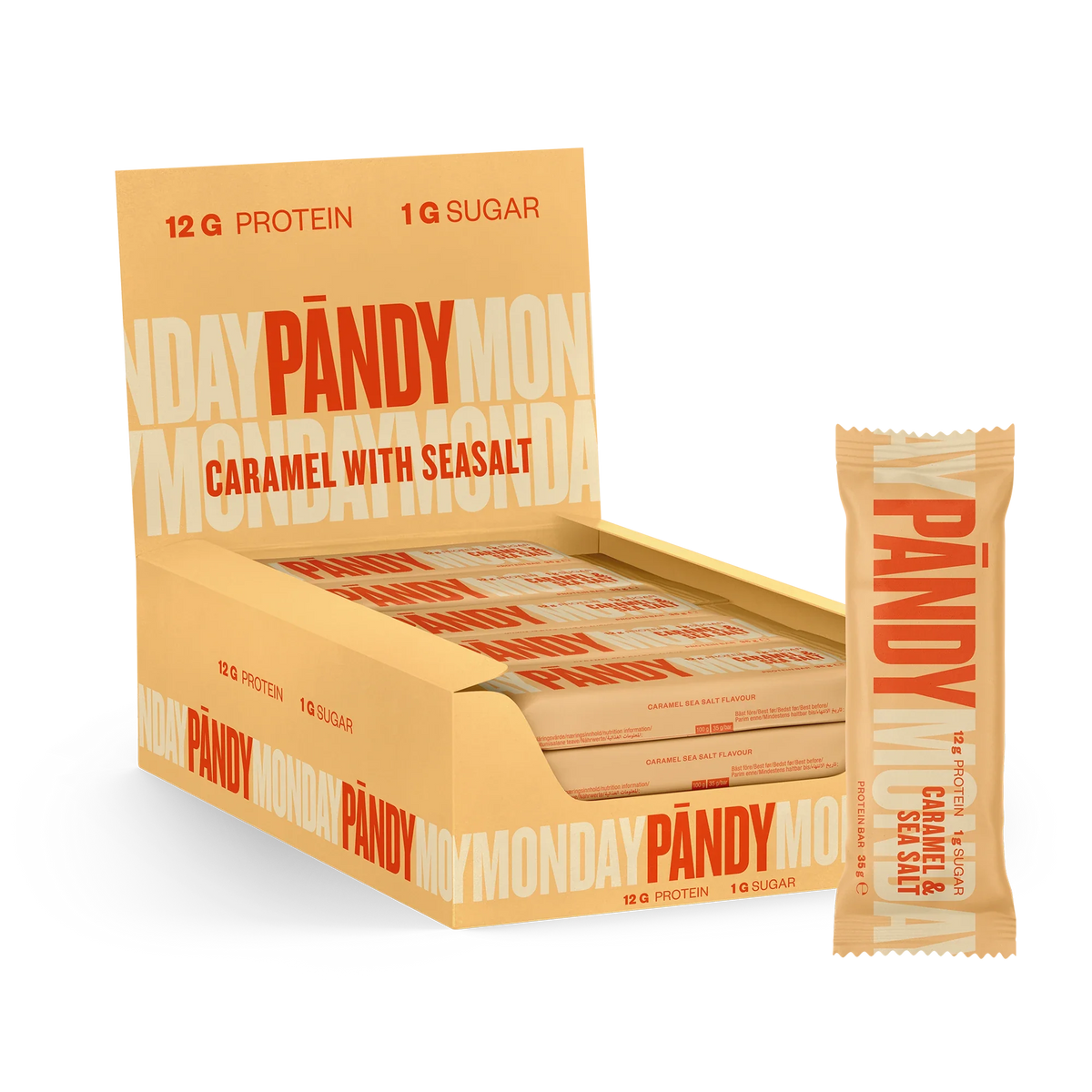18 x Pändy Protein Bar 35 g Nougat with Hazelnut i en brun låda med en matchande proteinbar framför., bild 1 av 1