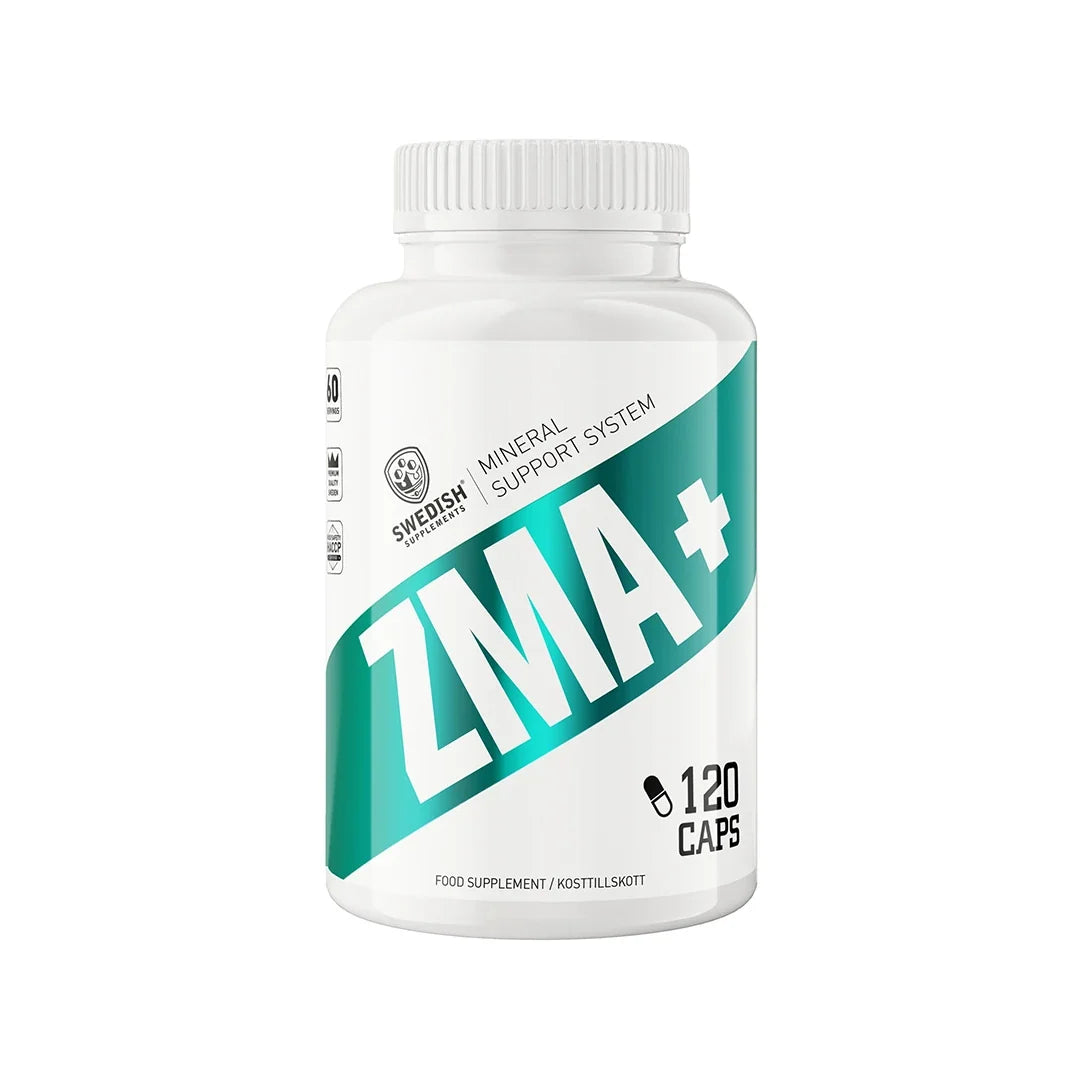 Swedish Supplements ZMA 120 caps, mineraltillskott förpackat i en vit plastburk med turkosa detaljer., bild 1 av 1