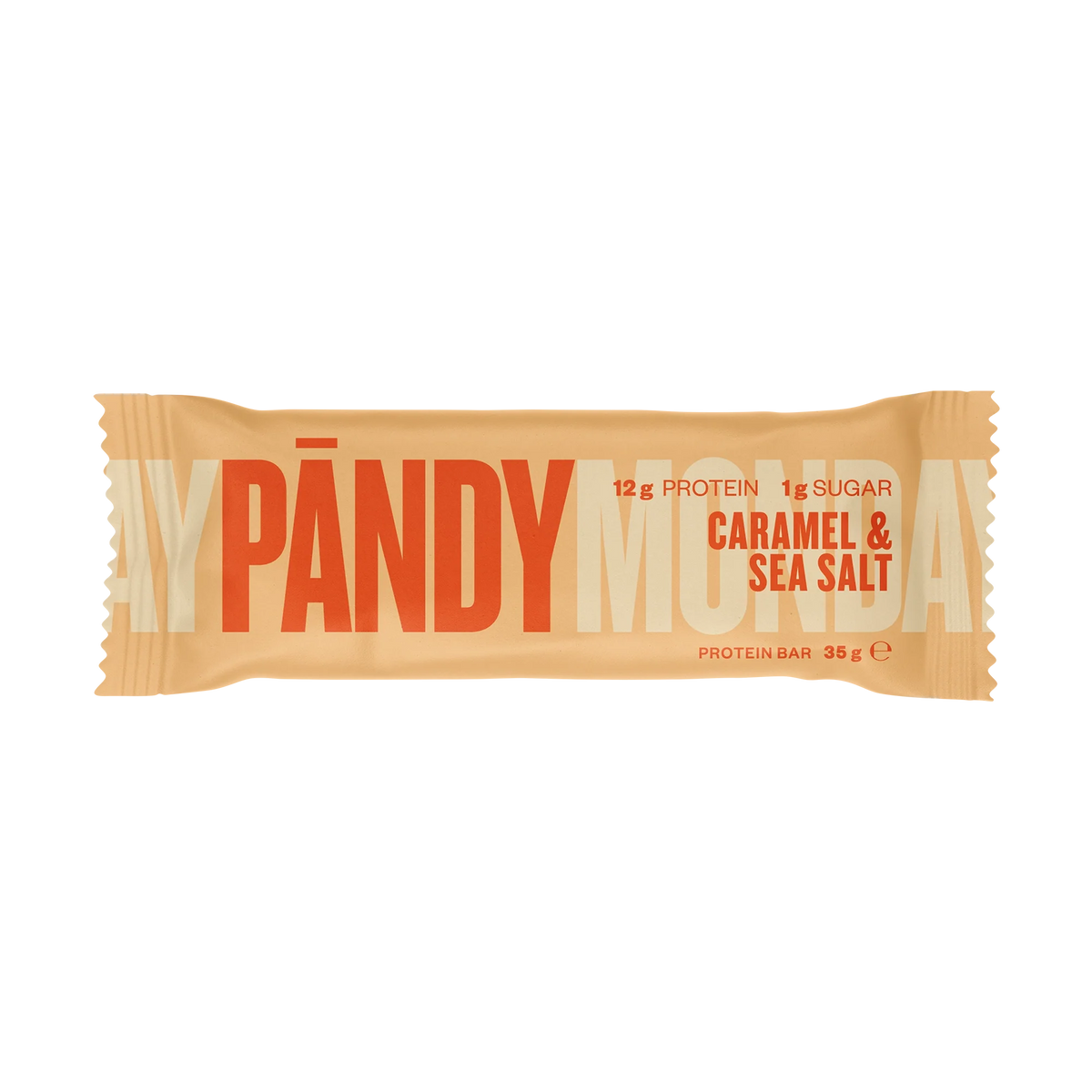 Pändy Protein Bar 35 g i en beige förpackning med orange text för smaken Caramel & Sea Salt.