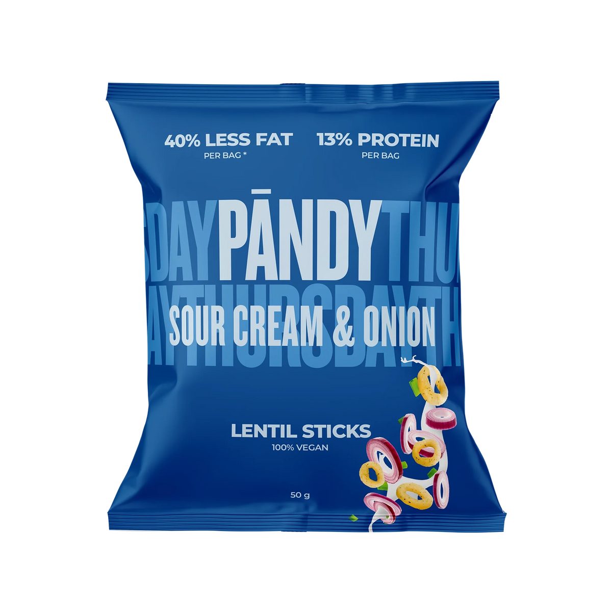 Pändy Lentil Snacks 50 g linschips i en mörkblå påse för smaken Sourcream & Onion.