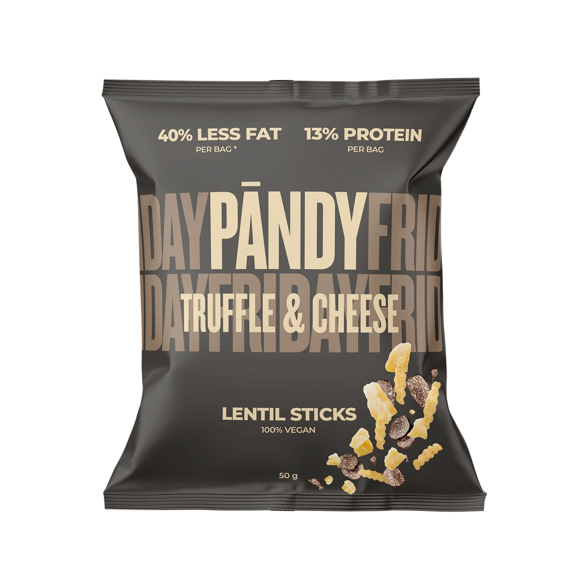Pändy Lentil Snacks 50 g linsbågar i en mörkbrun påse med beige text för smaken Truffle & Cheese.