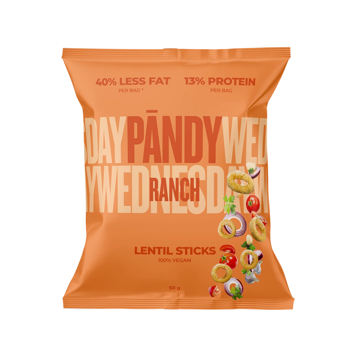 Pändy Lentil Snacks 50 g linschips med smak av Ranch i en orange påse.