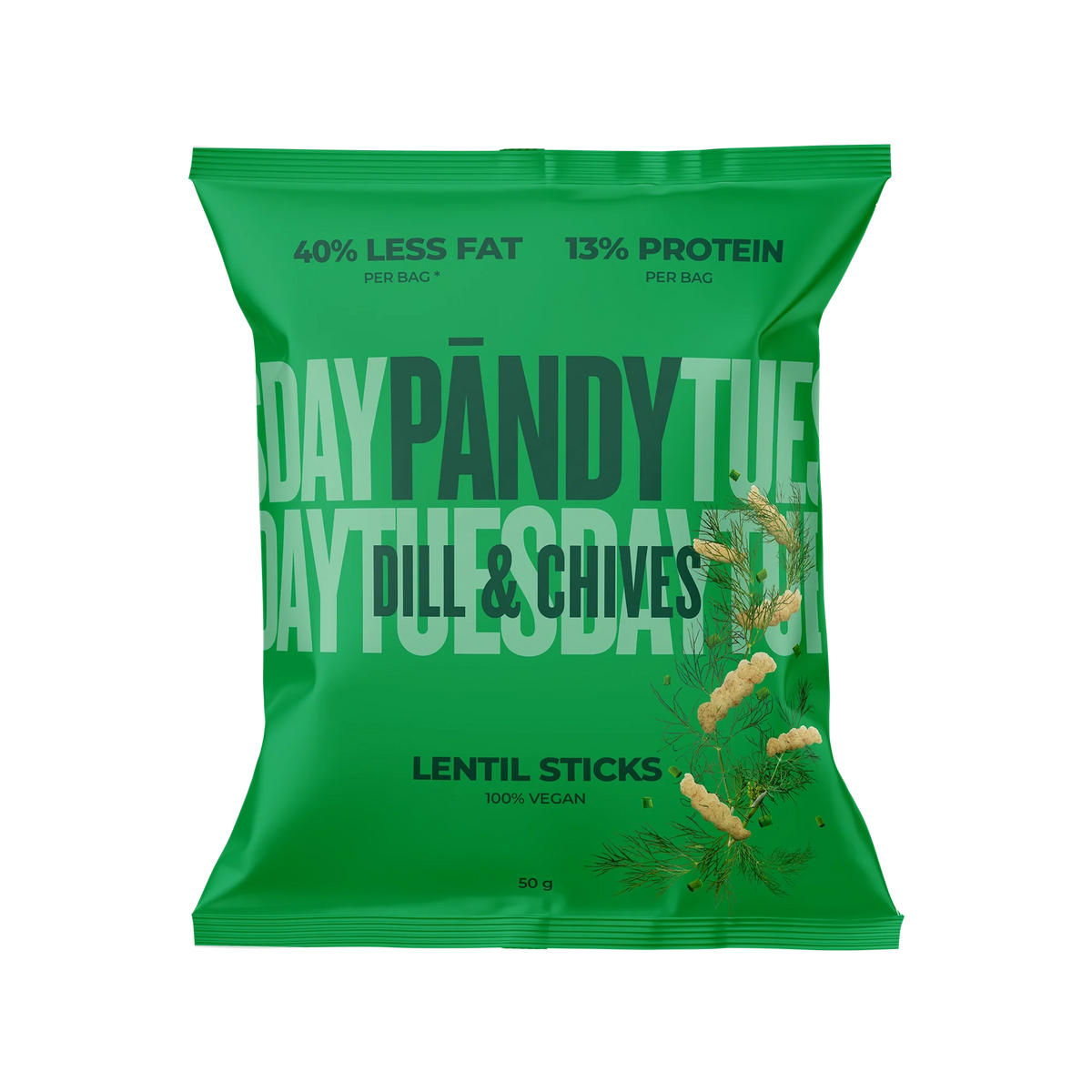Pändy Lentil Sticks 50 g linschips i en grön påse för smaken Dill & Chives.