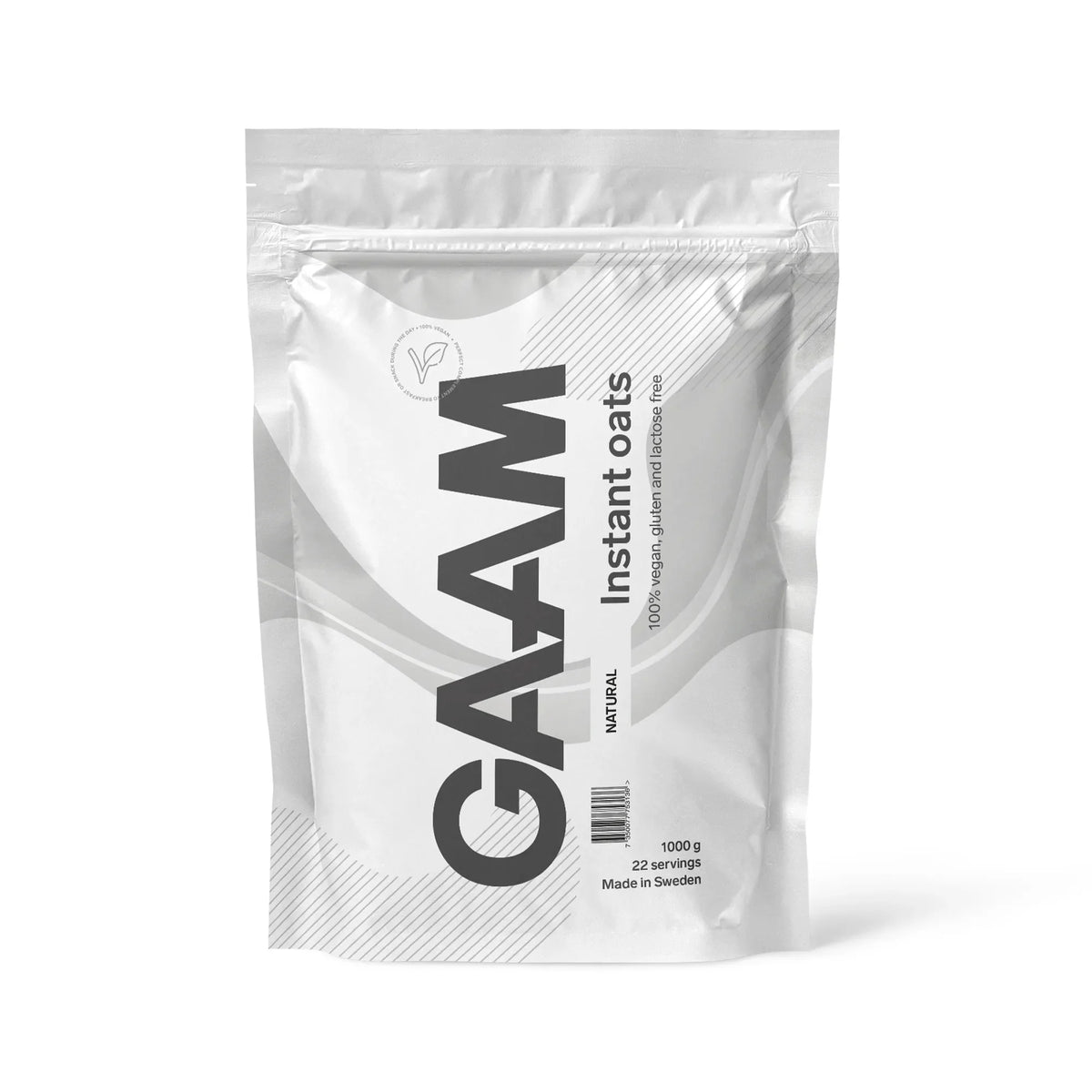 GAAM Instant Oats 1 kg havrebaserat pulver i en stilren vit påse med naturell smak.