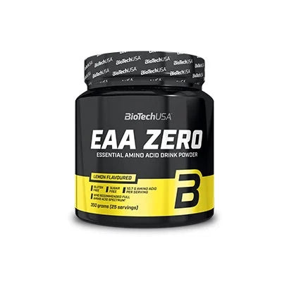 BioTechUSA EAA ZERO 350 g aminosyror i en svart burk med gula detaljer för smaken Lemon.