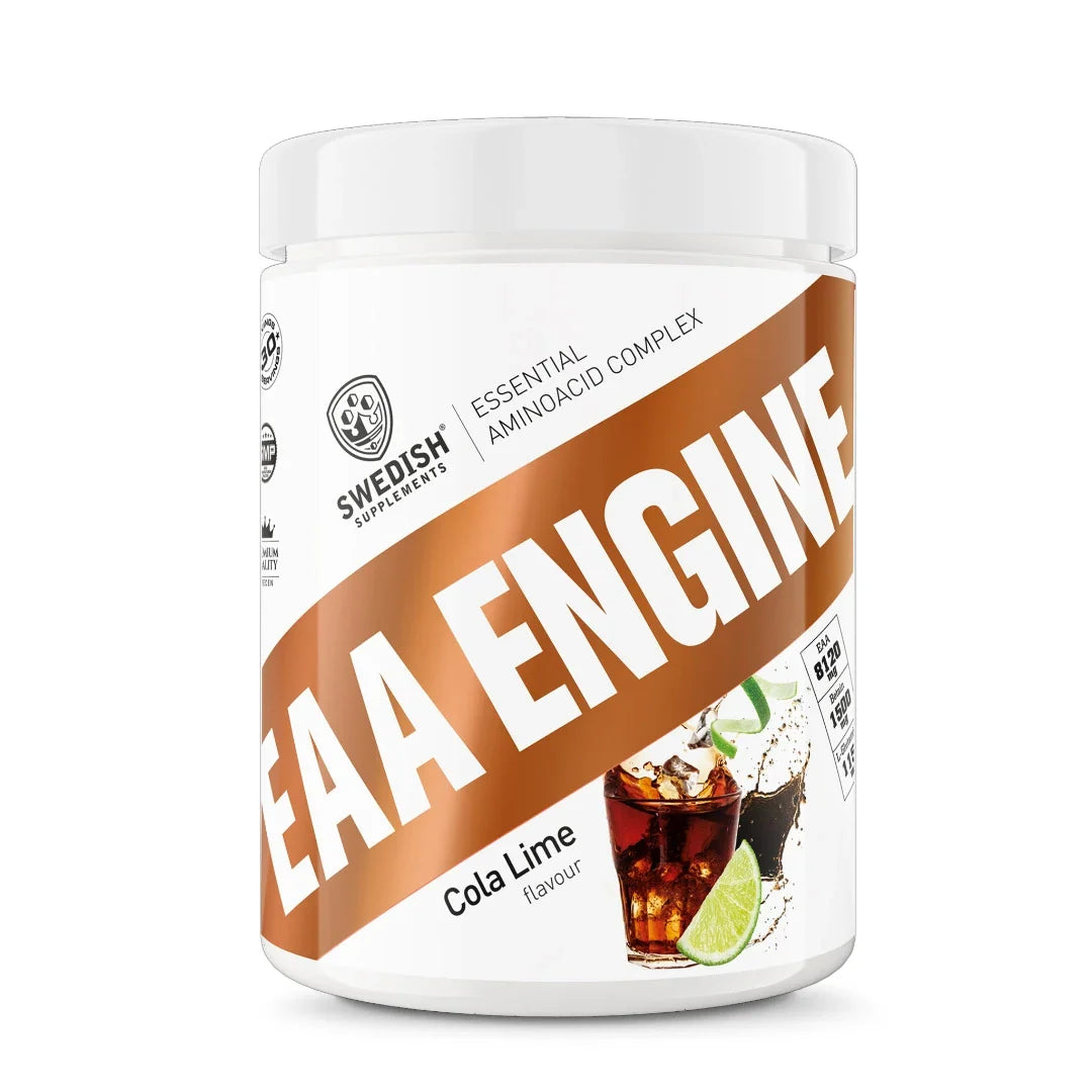 Swedish Supplements EAA Engine 450 g EAA-pulver i en vit burk med bruna detaljer för smaken Cola Lime.