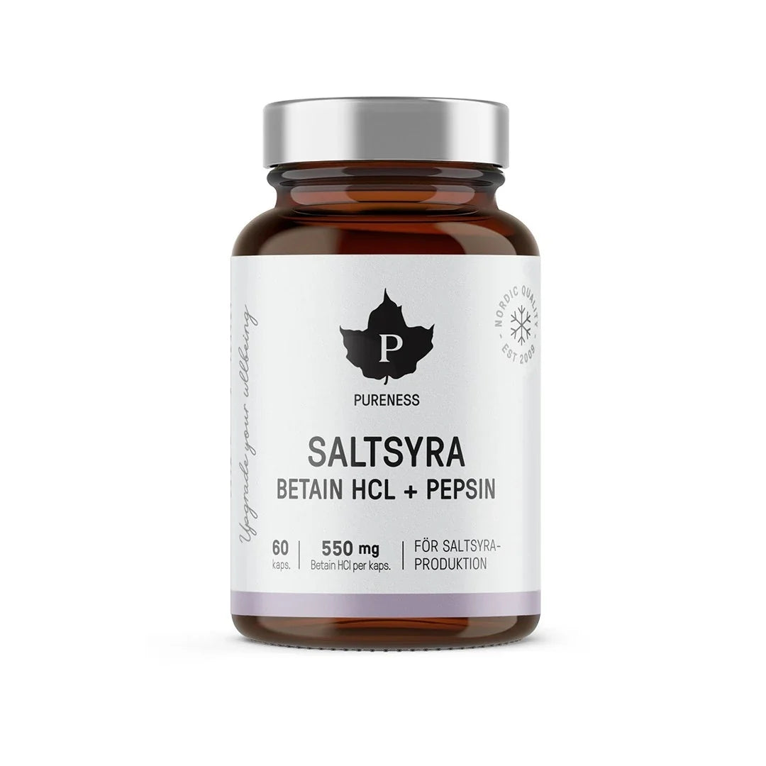 Pureness Beteine HCL -saltsyra 60 caps i en brun glasburk med silverlock och vit etikett.