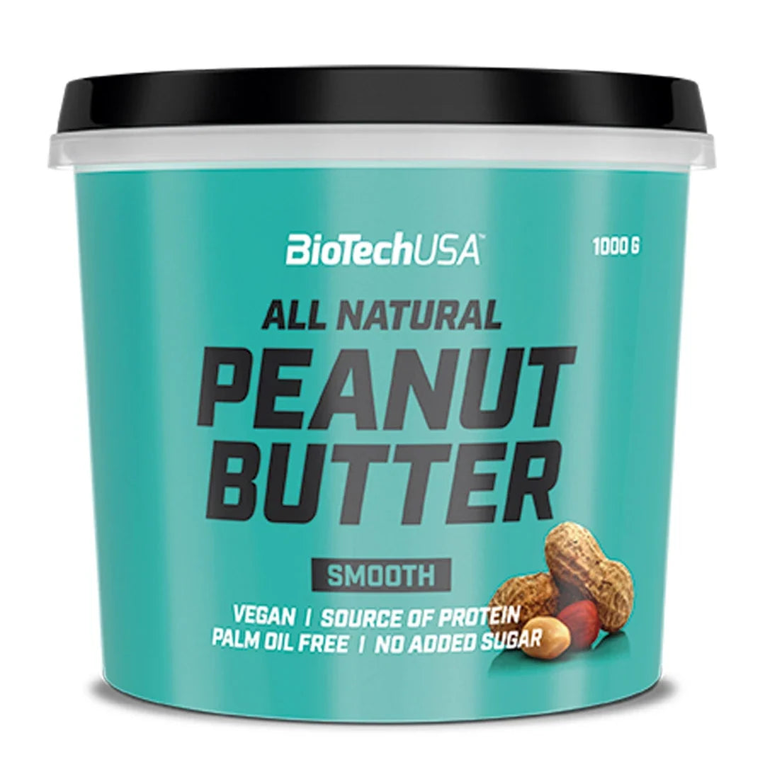 BioTechUSA Peanut Butter 1 kg jordnötssmör i en turkos burk med svart lock för varianten Smooth.