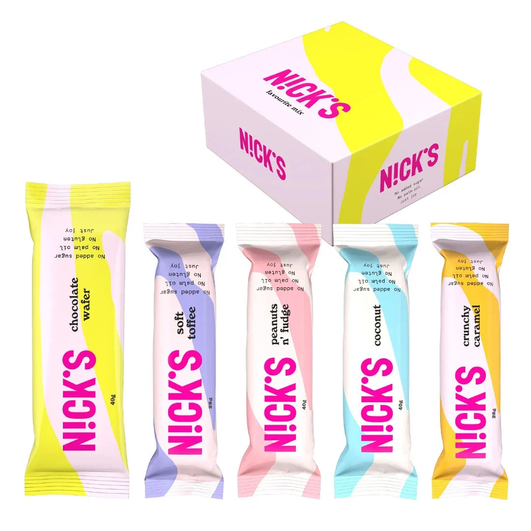 12 x Nicks Favorite Mix, en färgglad låda med olika smaker av chokladbars utan tillsatt socker., bild 1 av 1