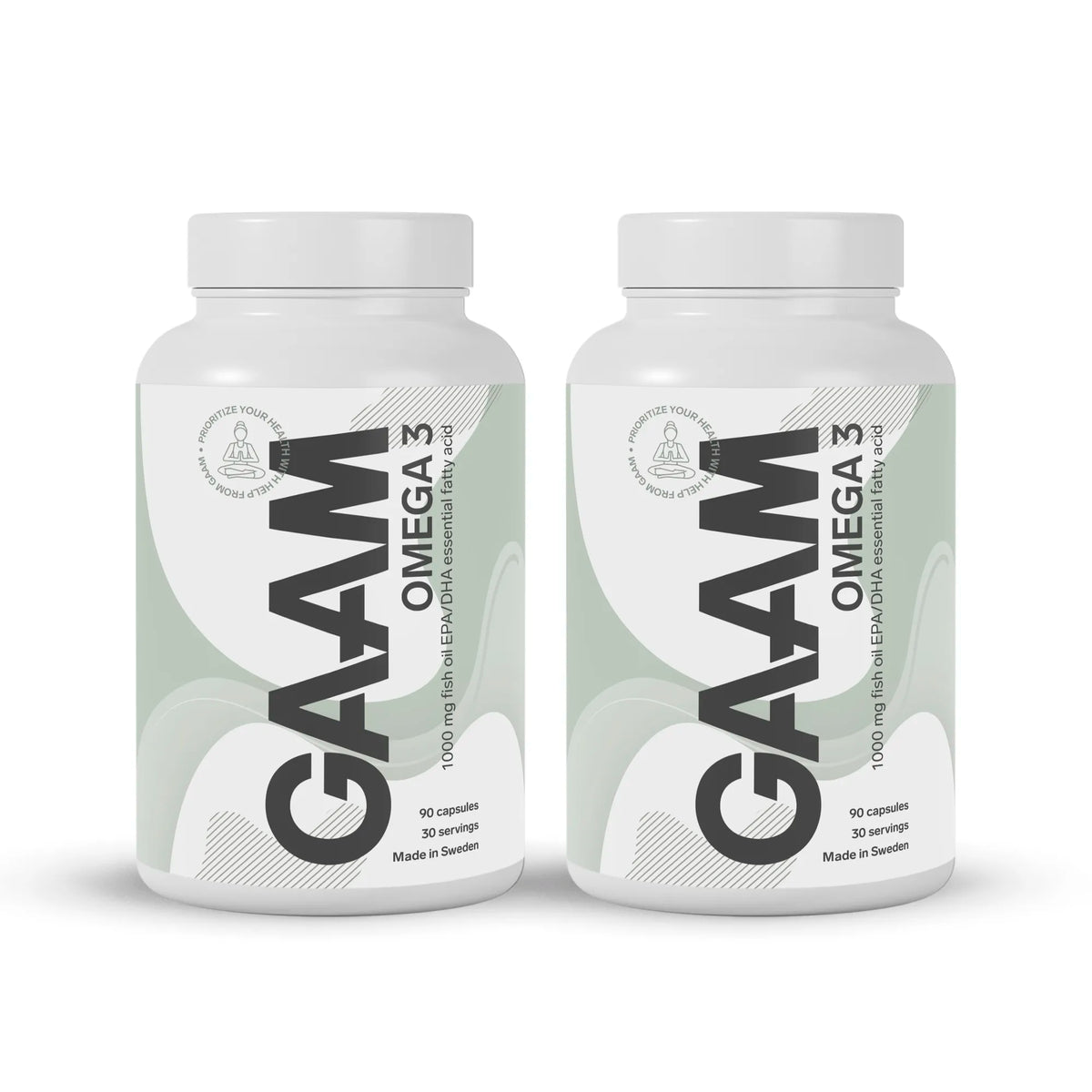 2 x GAAM Omega-3 90 caps kosttillskott i två vita burkar med ljusgröna detaljer., bild 1 av 1