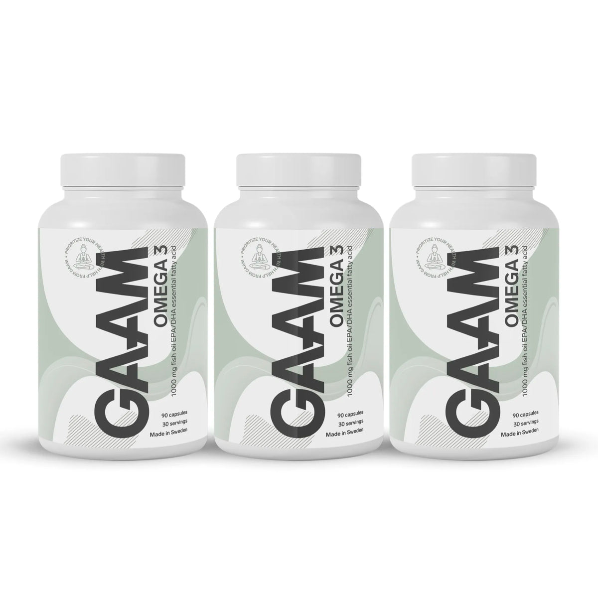 3 x GAAM Omega-3 90 caps i tre vita burkar med ljusgröna detaljer och svart text., bild 1 av 1