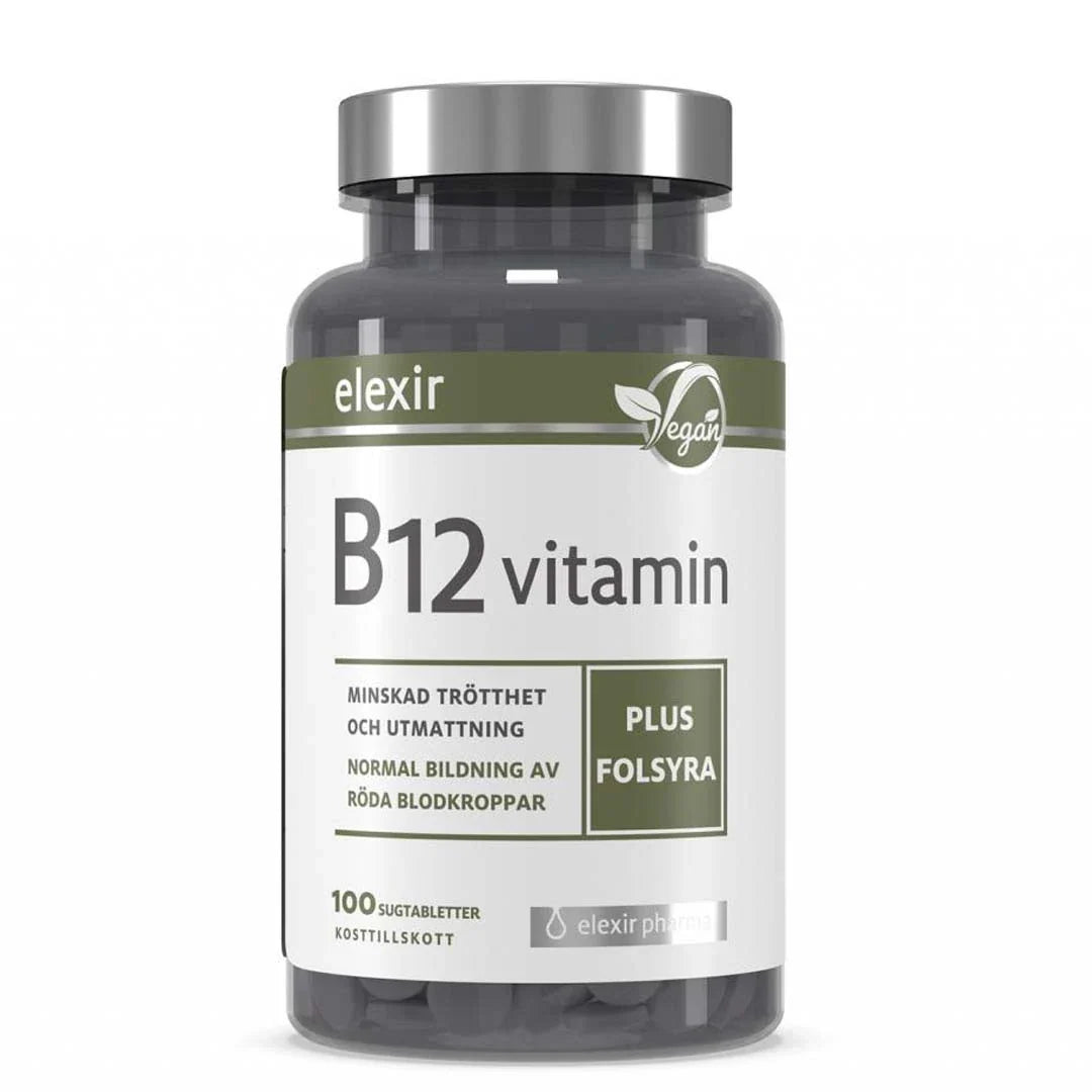 Elexir Pharma B12 Vitamin 100 tabs i en mörk burk med silverfärgat lock och vit etikett med gröna detaljer.