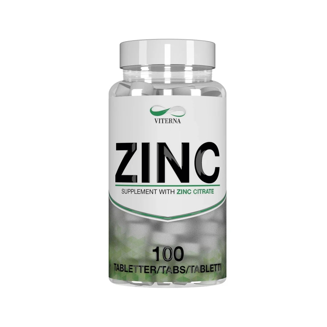 Viterna Zinc 100 caps i en genomskinlig burk med vit etikett, gröna detaljer och synliga vita tabletter.