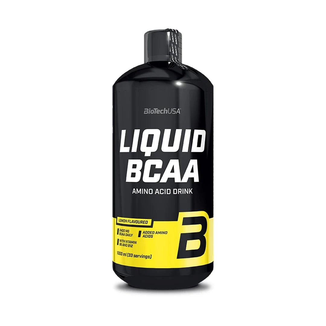 BioTechUSA Liquid BCAA 1 l flytande aminosyror i en svart flaska med vita och gula detaljer., bild 1 av 1
