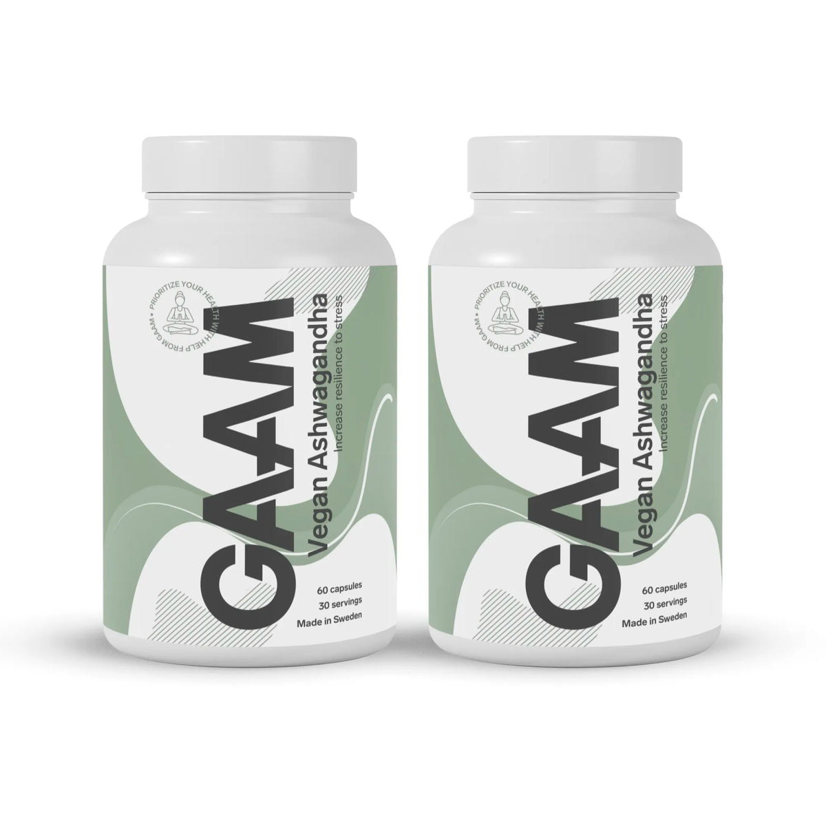 2 x GAAM Vegan Ashwagandha 60 caps i två vita burkar med gröna detaljer och svart text.
