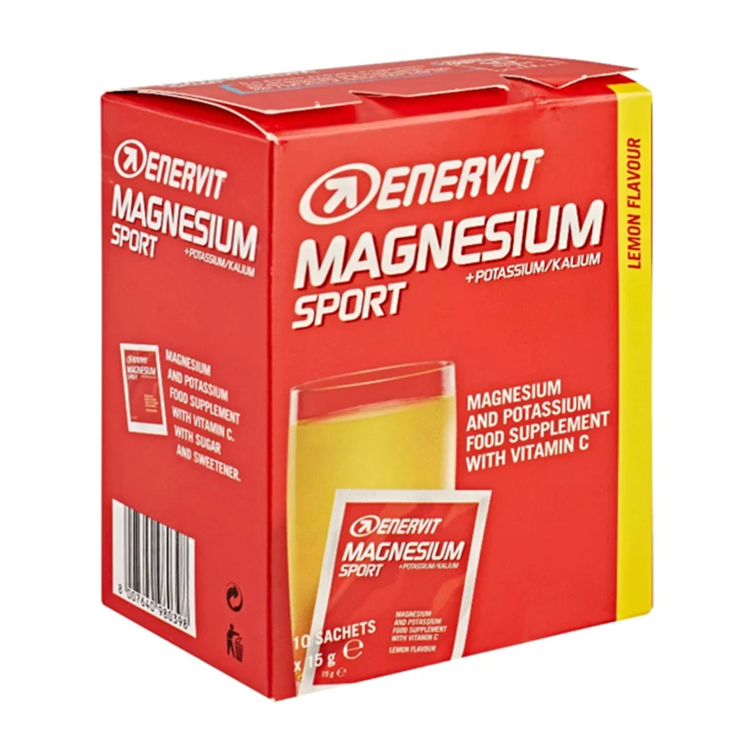 ENERVIT Magnesium Sport Mineral Dryck 10 x 15 g kosttillskott i en röd och gul kartong med citronsmak., bild 1 av 1