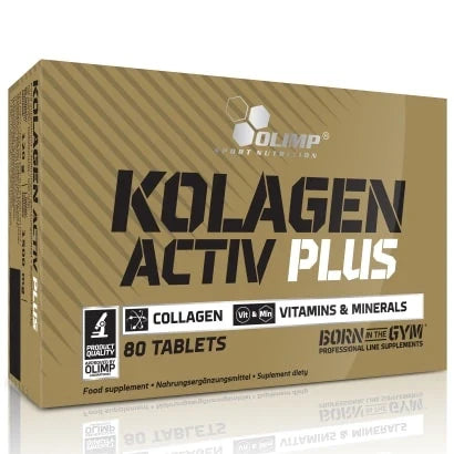 Olimp Kolagen Activ Plus 80 tabs, kosttillskott i en guldfärgad ask med svart och vit text.