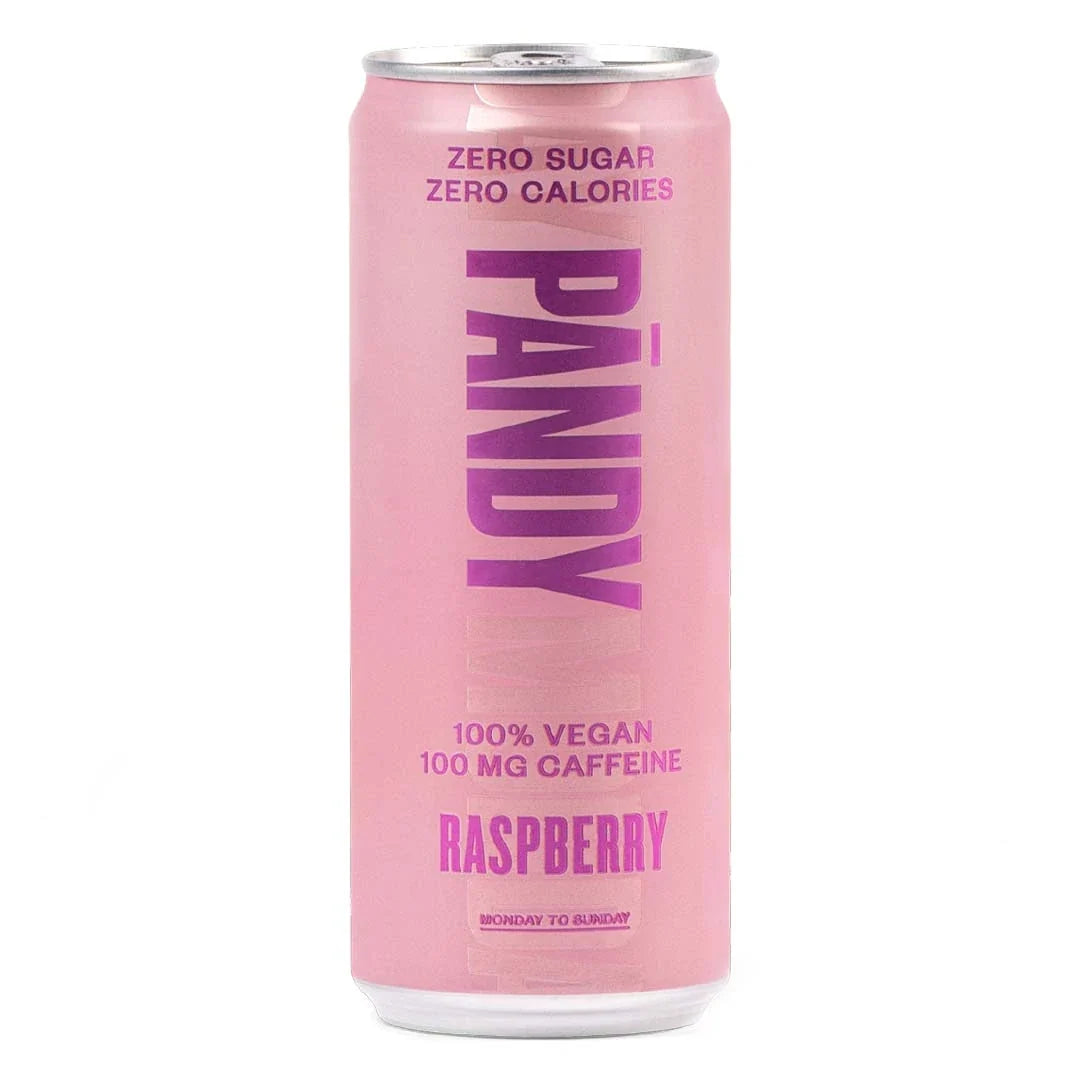 Pändy Soda 330 ml koffeindryck i en ljusrosa burk med lila detaljer för smaken Raspberry.