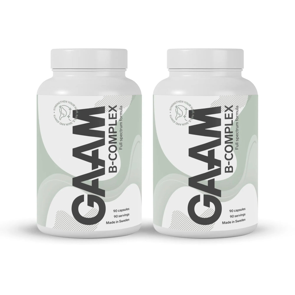2 x GAAM B-Complex 90 caps kosttillskott i två vita burkar med ljusgröna detaljer., bild 1 av 1