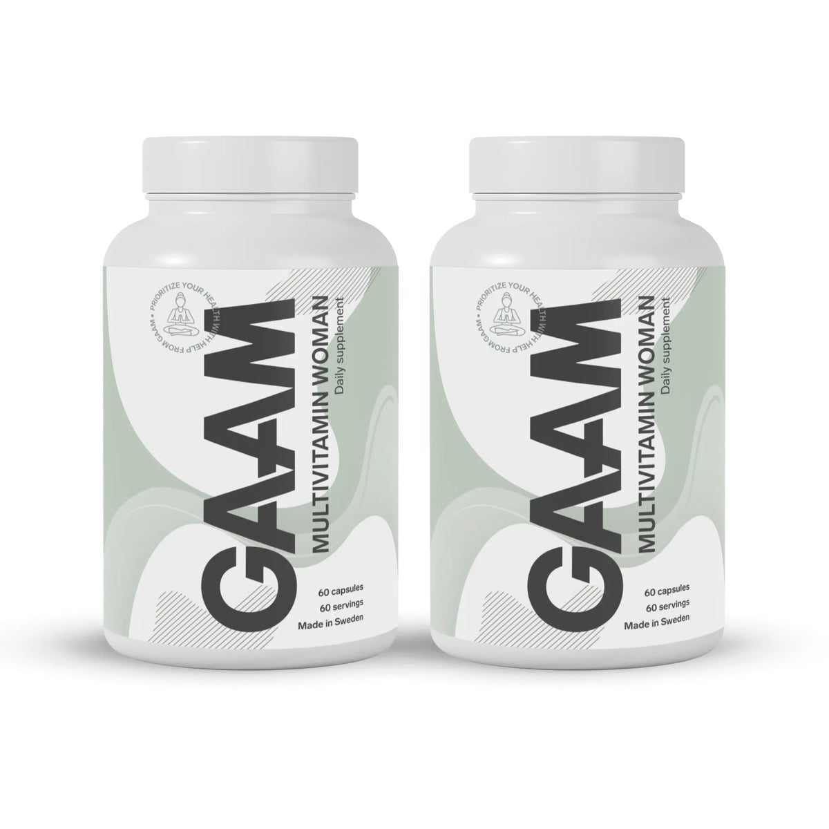 2 x GAAM Multivitamin Woman 60 caps i två vita burkar med ljusgröna detaljer på etiketten., bild 1 av 1