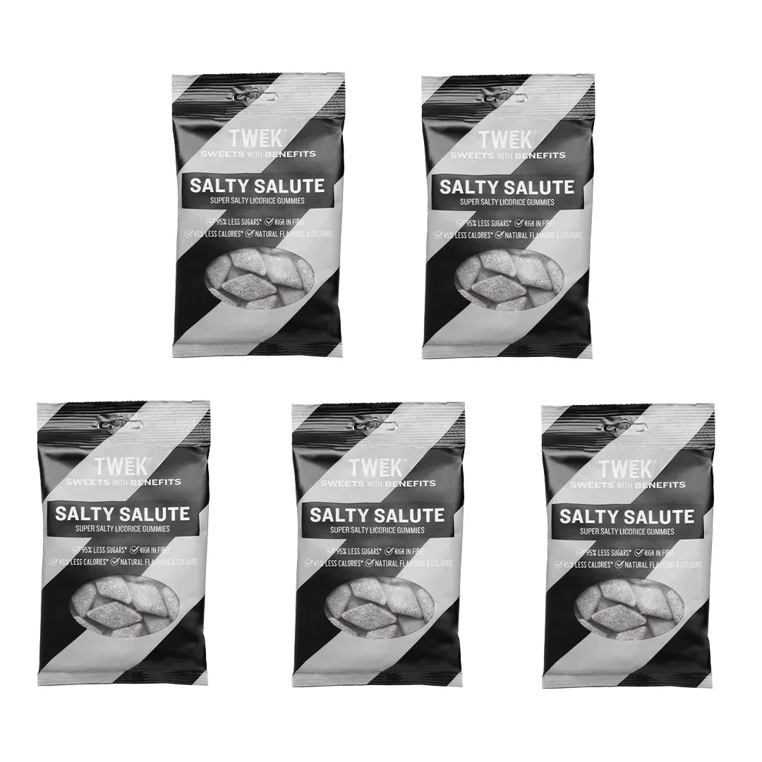 5 x Tweek Sweets 80 g Salty Salute godis i svarta och gråa påsar med super salty licorice gummies., bild 1 av 1