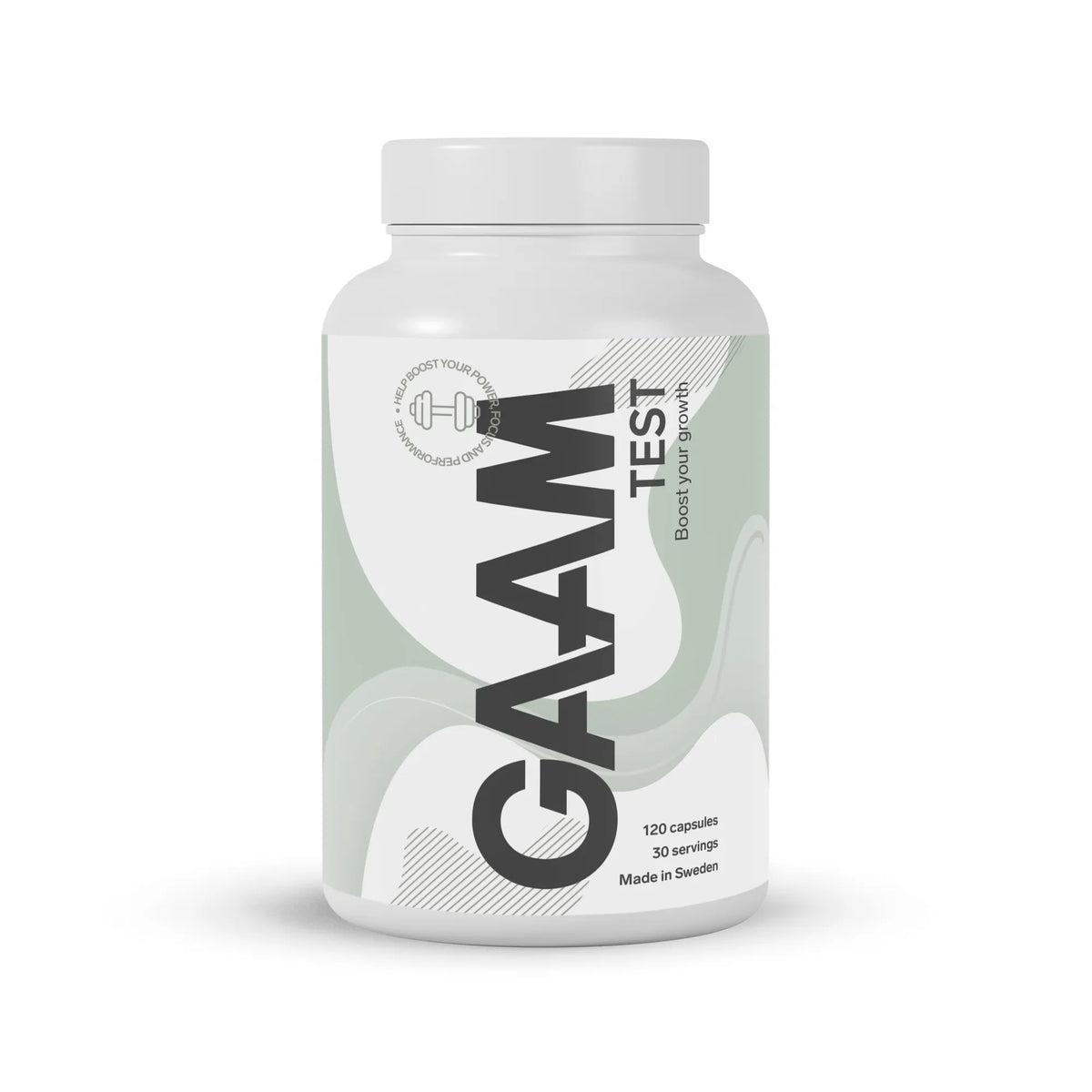 GAAM TEST 120 caps testosteronhöjare i en vit plastburk med ljusgröna grafiska detaljer., bild 1 av 1