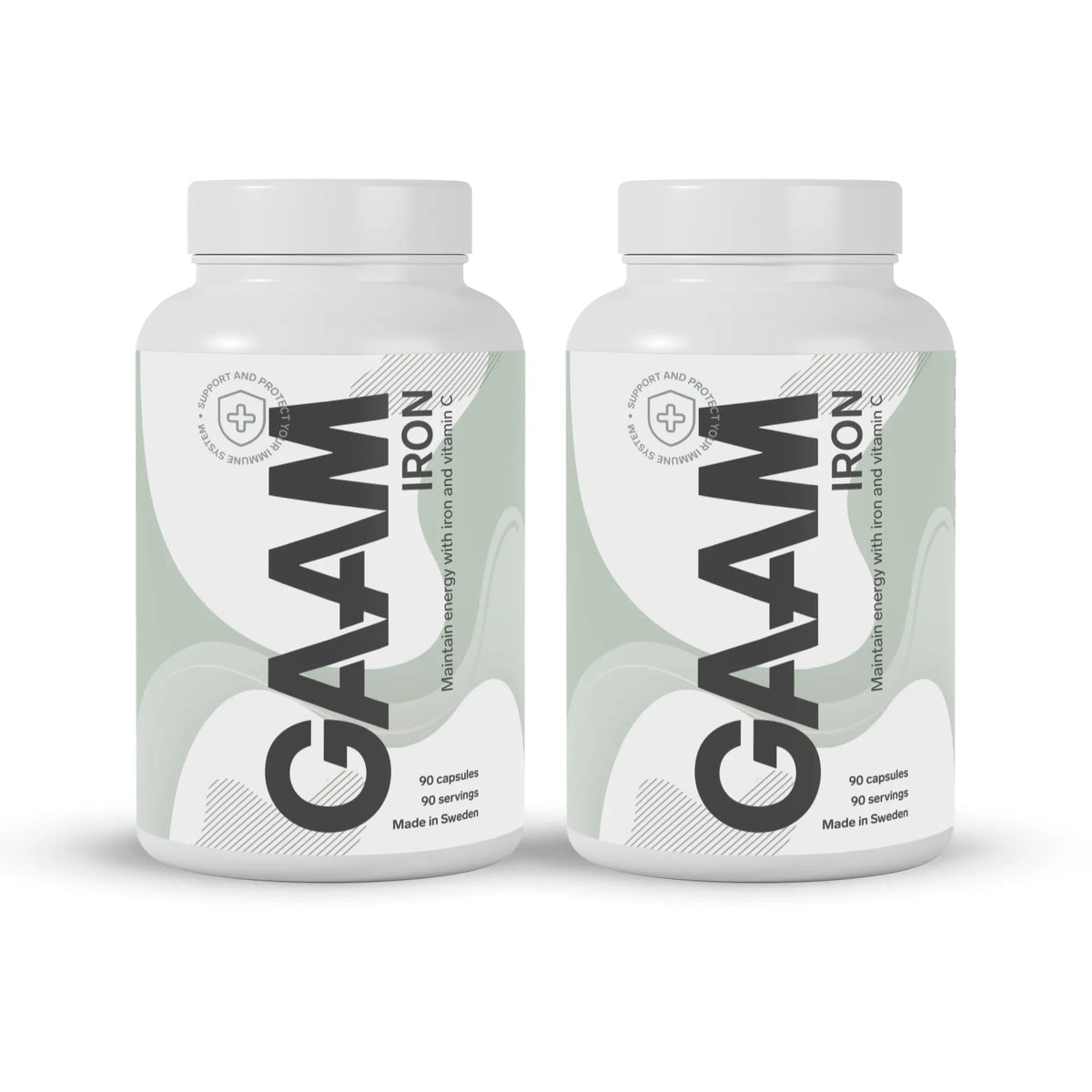 2 x GAAM Iron 90 caps i vita burkar med gröna detaljer och svart text.