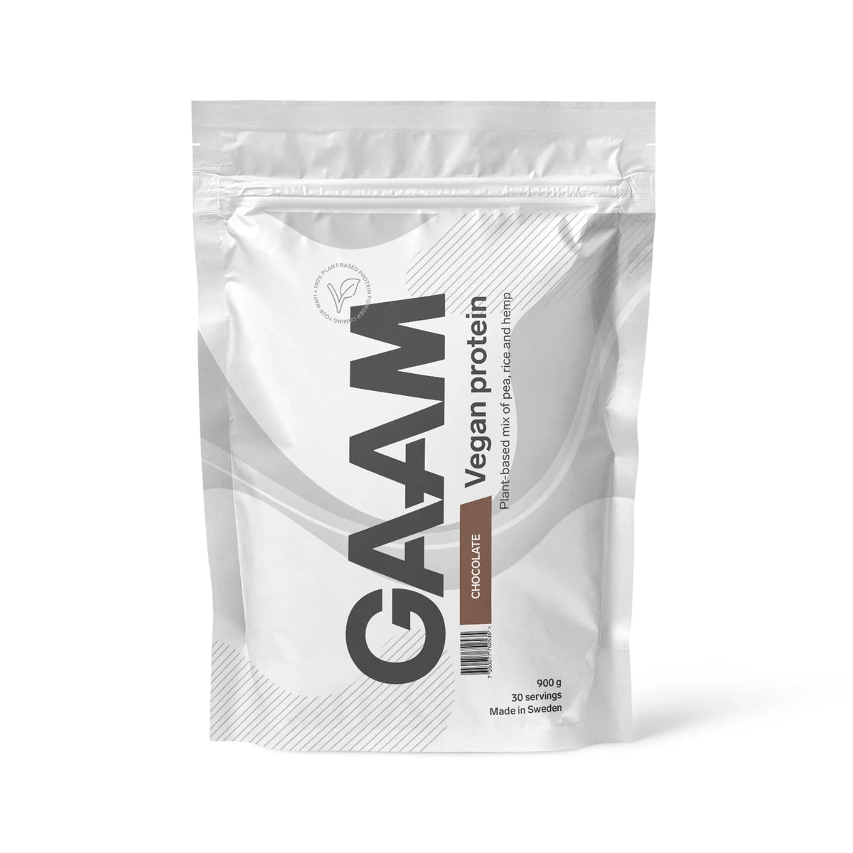 GAAM Vegan Protein 900 g proteinpulver i en vit påse med bruna detaljer för smaken Chocolate.