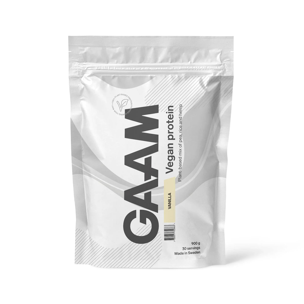 GAAM Vegan Protein 900 g proteinpulver i en vit påse med ljusgula detaljer för smaken Vanilla.