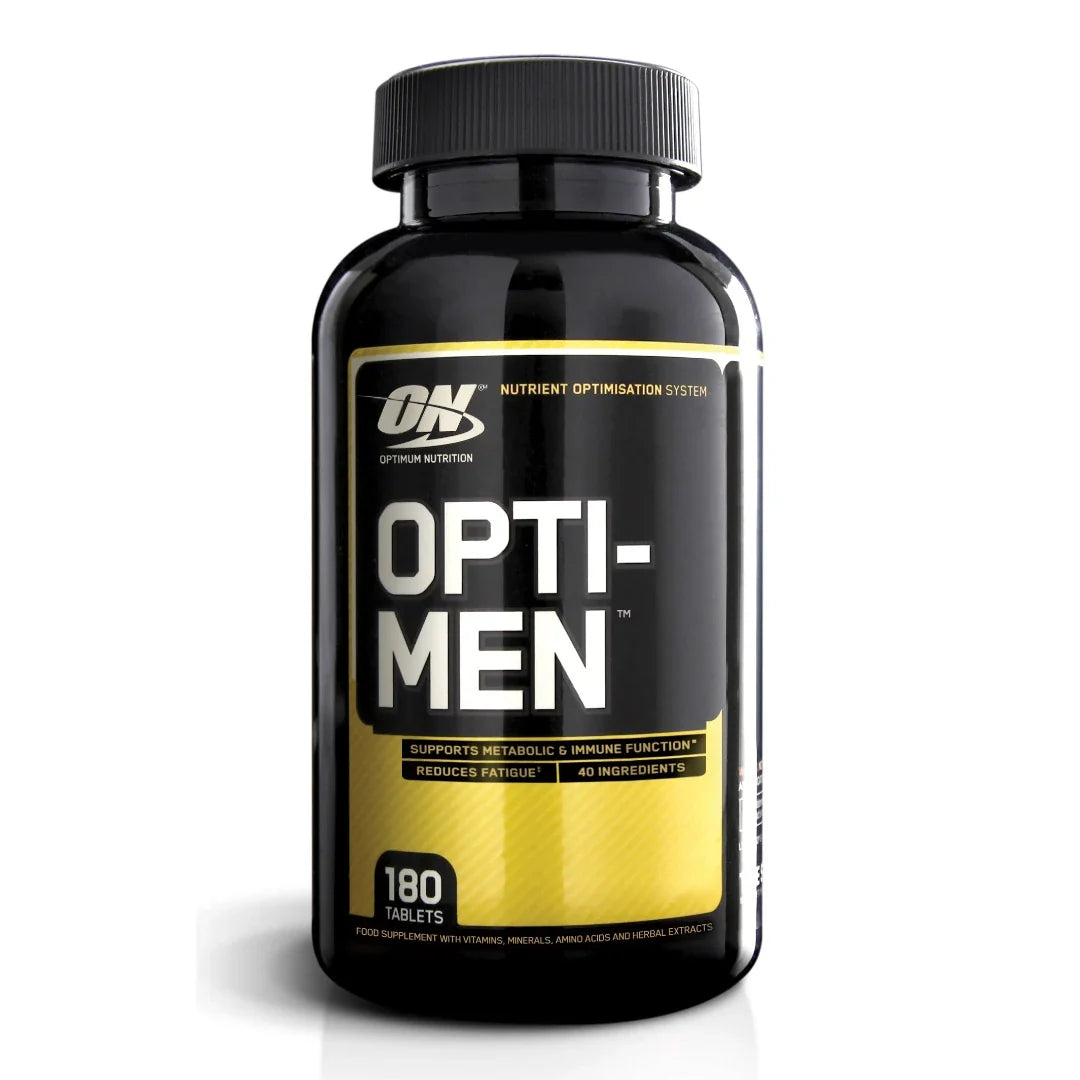 Optimum Nutrition Opti-Men 180 tabs multivitamin, svart burk med gul etikett och vit text., bild 1 av 1