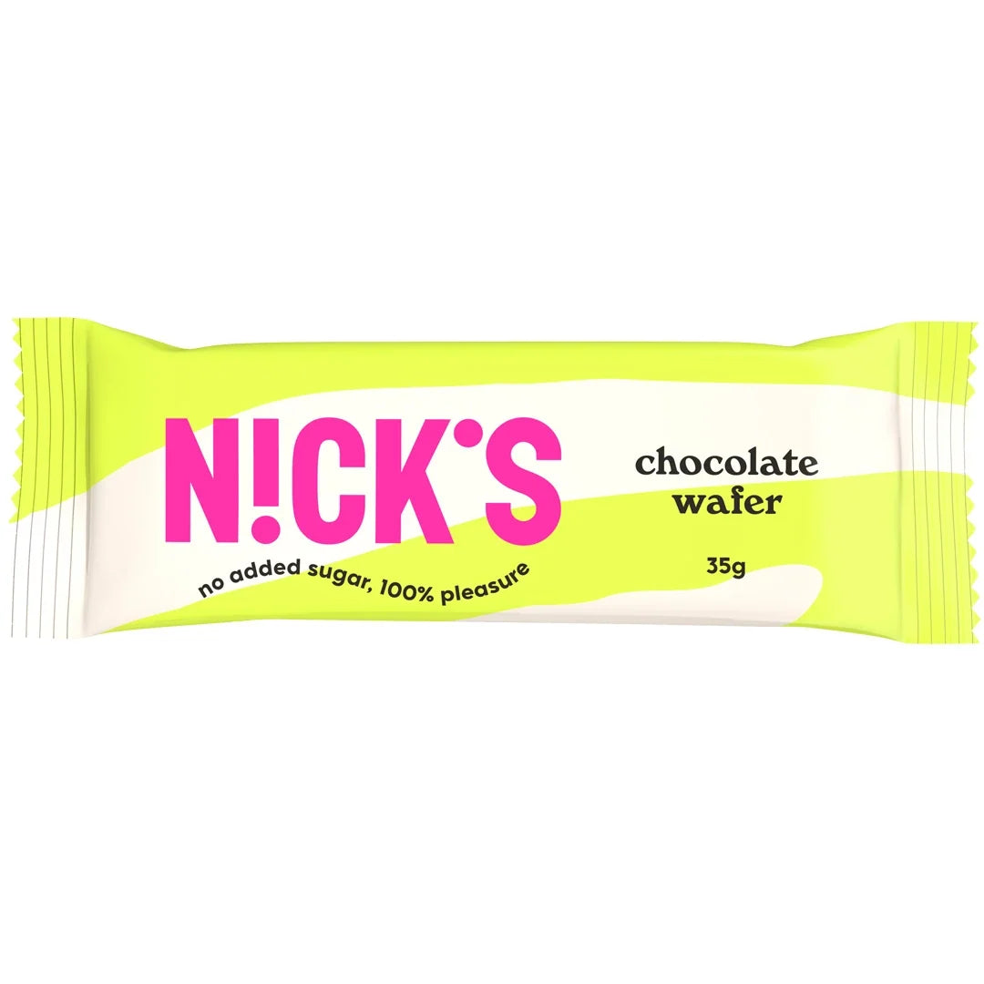 Nicks Chocolate Wafer 35 g i en ljusgrön och vit förpackning med stor rosa logotyp., bild 1 av 1