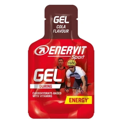 Enervit Sport Gel 25 ml energigel i en röd och brun portionsförpackning för smaken Cola., bild 1 av 3
