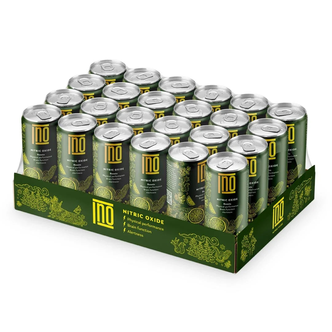 24 x INO Nitric Oxide Drink 330 ml i ett mörkgrönt flak med matchande burkar och gula detaljer för smaken Orange., bild 1 av 1