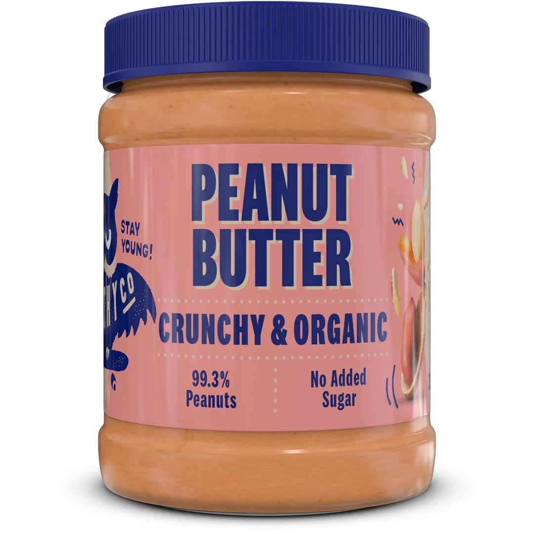 HealthyCo ECO Peanutbutter 350 g i en burk med mörkblått lock och rosa etikett med blå text., bild 1 av 1