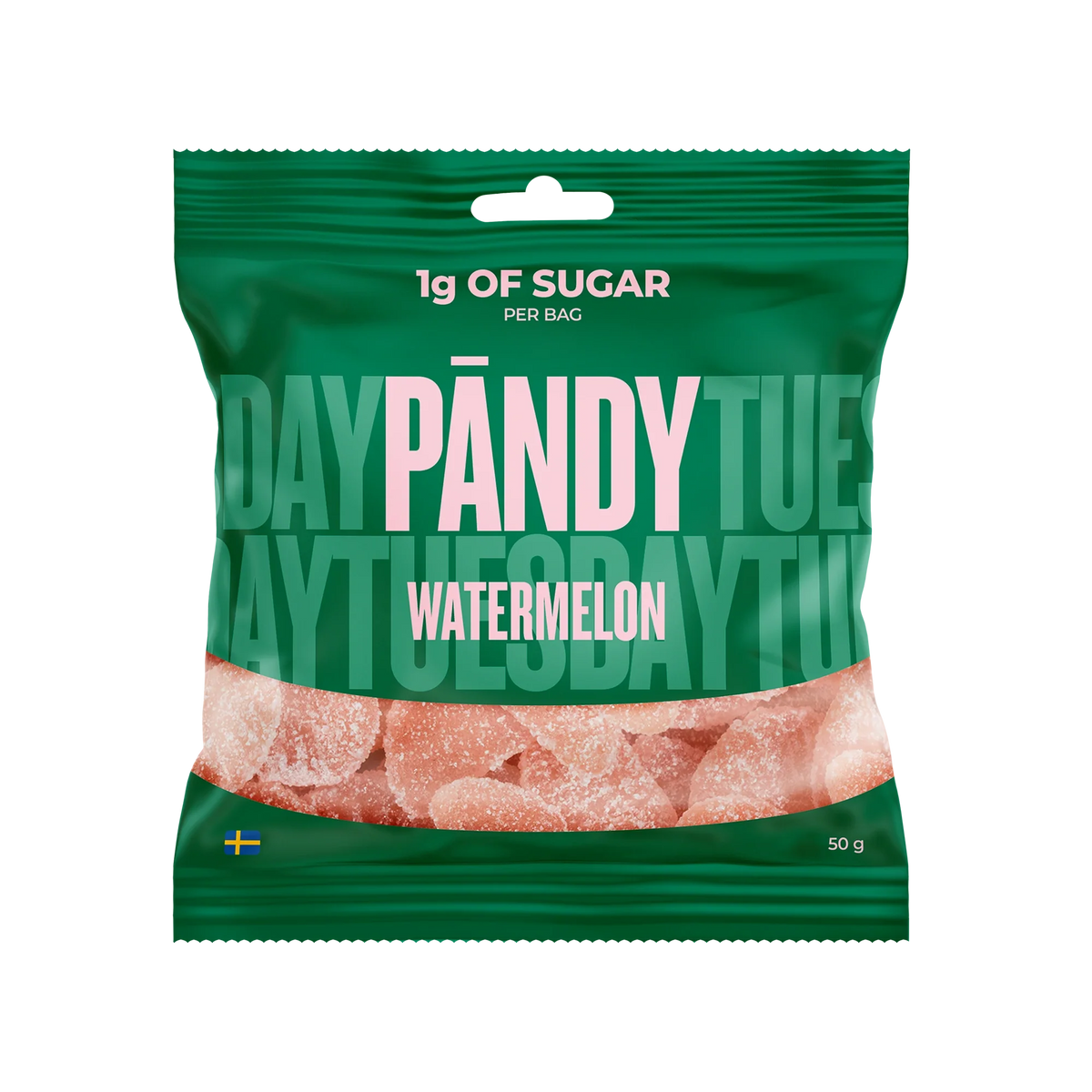 Pändy Candy 50 g Watermelon gelégodis i en grön påse med rosa detaljer.