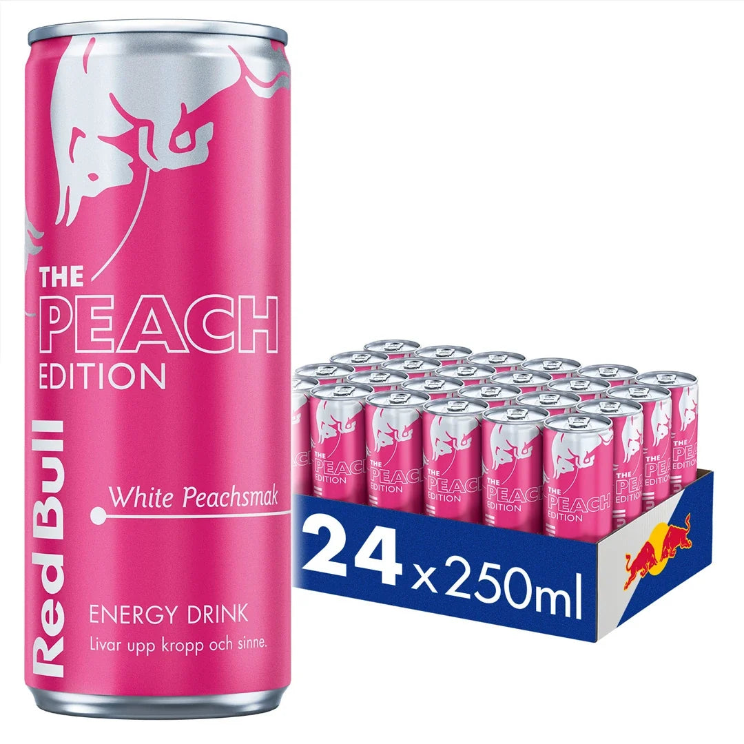 24 x Red Bull 250 ml White Peach i ett flak med rosa burkar och vita detaljer samt märkningen The Peach Edition.