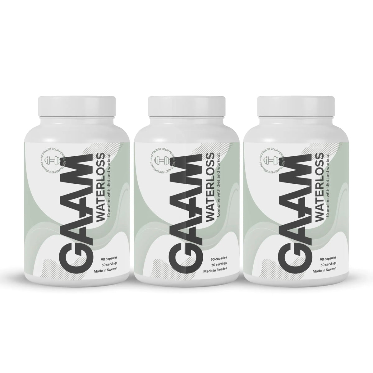 3 x GAAM Waterloss 90 caps i tre vita burkar med ljusgröna detaljer och svart text.